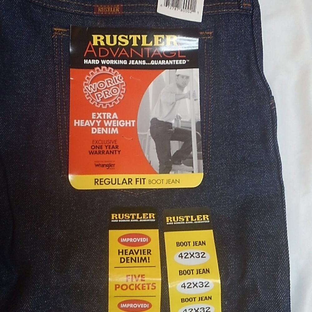NWT Rustler Advantage Hard Working Extra Heavy Weight Denim Blue Jeans 42 X 32.
